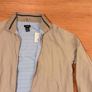 Van Heusen Mens Tan Khaki Full Zip Bomber Jacket Plaid Lined Size M 15-15.5 NEW